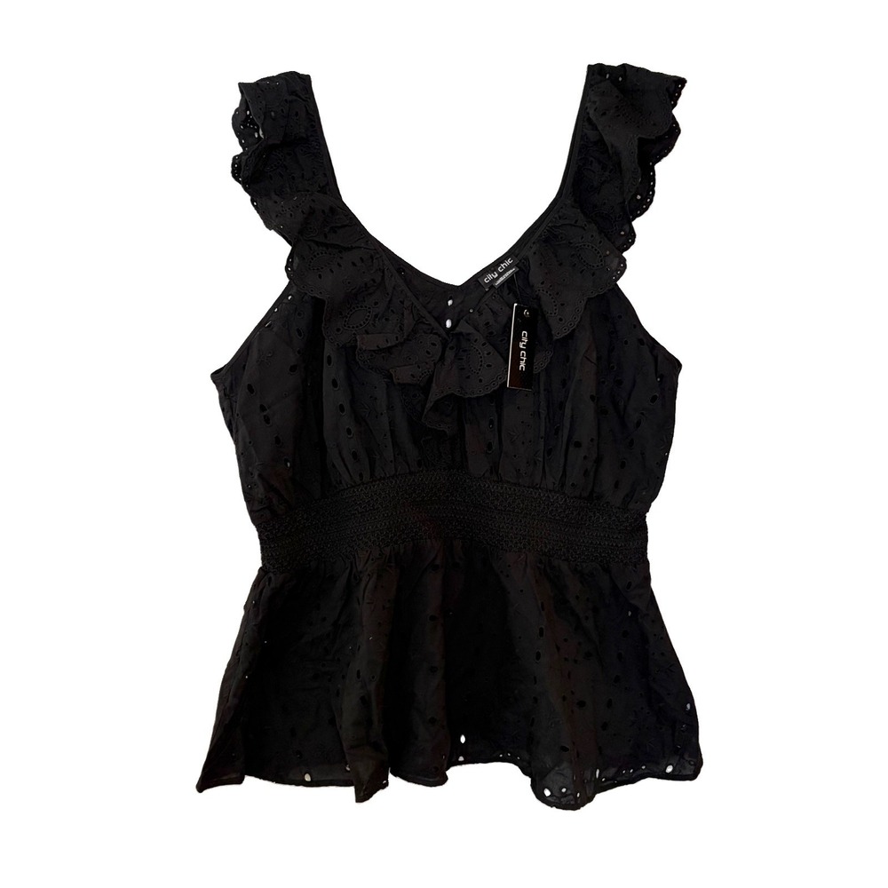 City Chic Top XL/22 Black Eyelet Ruffle Strap Beachy Coastal Preppy Boho Tank